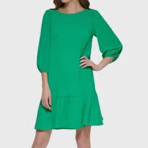 DKNY Green Textured‎ Puff Sleeve Ruffle Hem Shift Dress Size 4